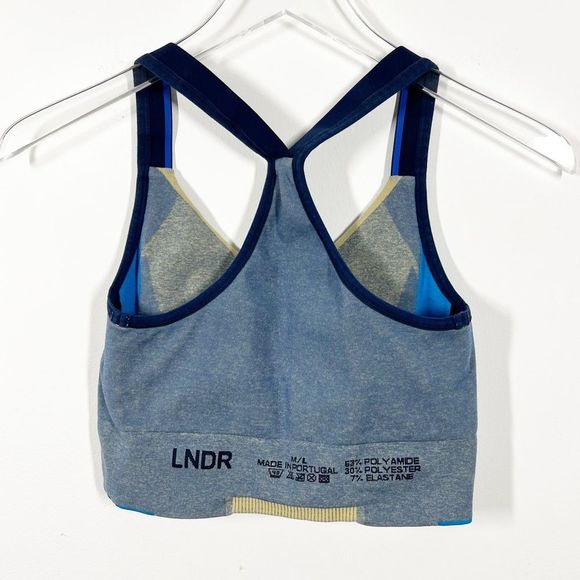 LNDR Trigger Mustard Sports Bra Color Block Blue Razorback Size Medium/Large - Picture 8 of 11